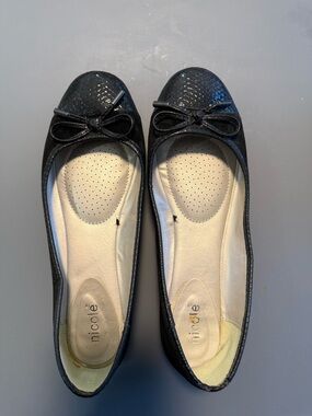 Nicole Black Snakeskin-Texture Velvety Bow Ballet Flats